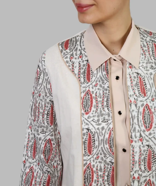 مانتو لینن یقه گرد کوک دوزی چاکدار - کرم